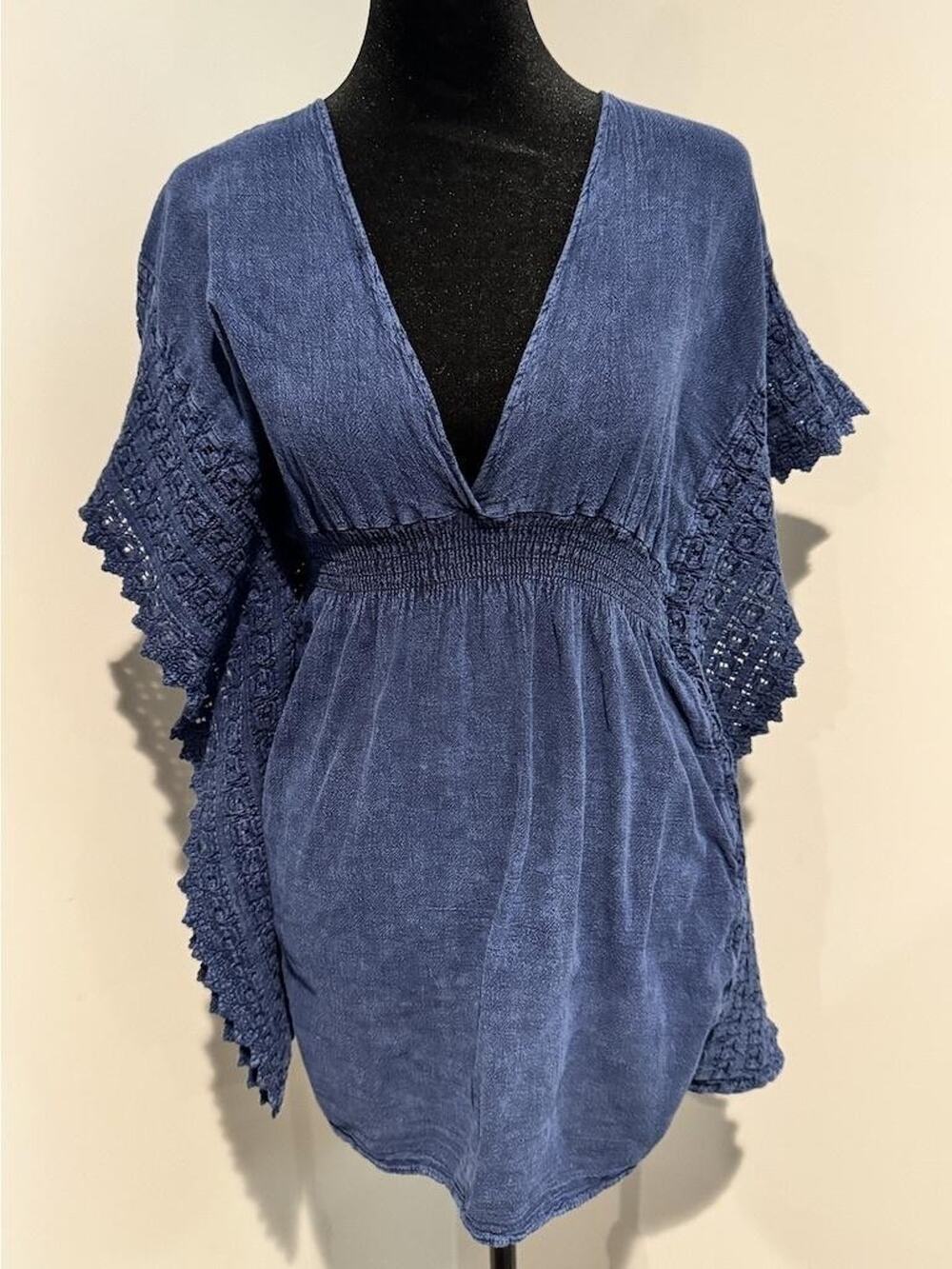 Seaspice Kaftan Dress Womens Small Blue Peruvian Cotton Smocked Crochet Kimono